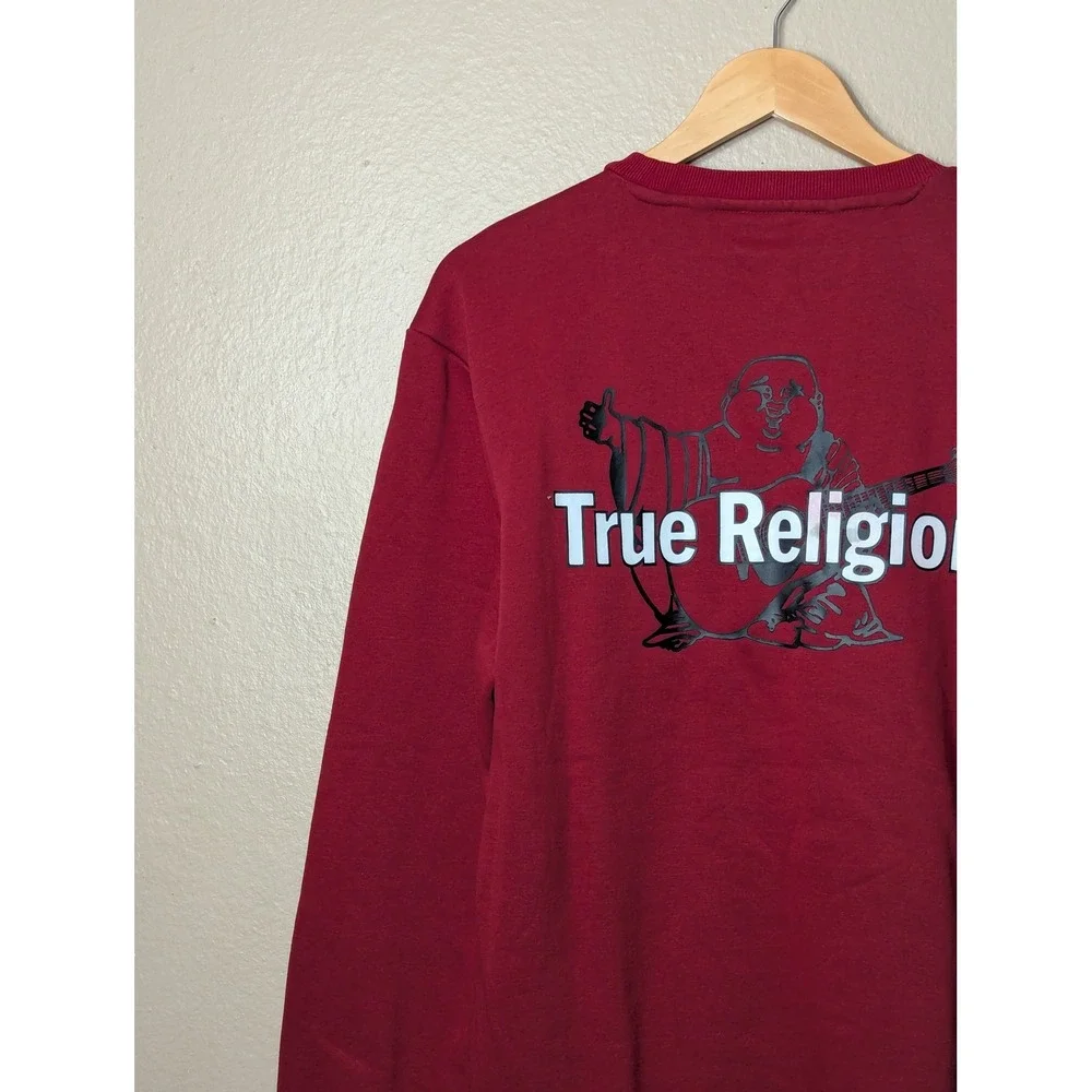 True Religion Sweatshirt Men Medium Red Buddha Logo Streetwear Graphic Crewneck
